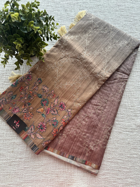 Emb and printed Semi Tussar silk saree