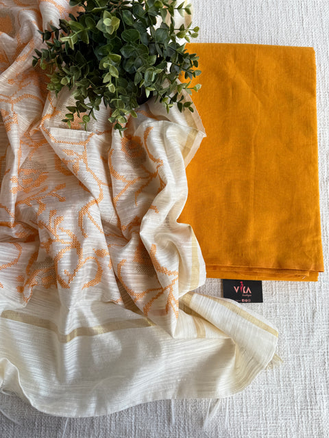 Plain cotton top with emb silk cotton dupatta