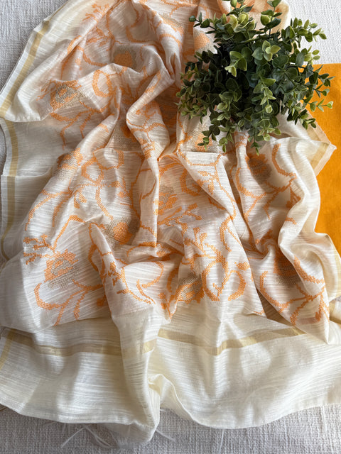 Plain cotton top with emb silk cotton dupatta