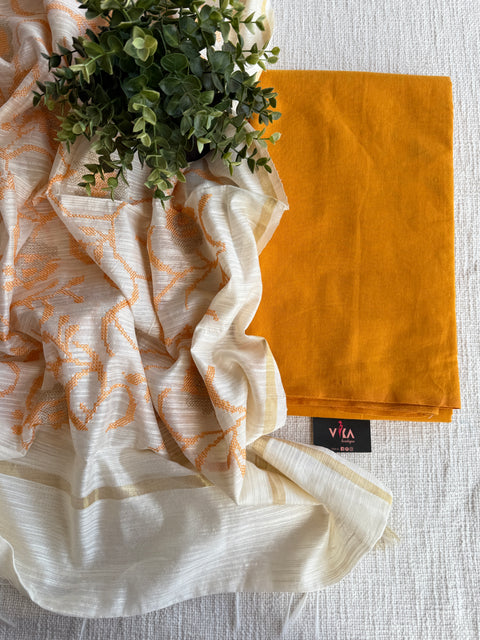 Plain cotton top with emb silk cotton dupatta