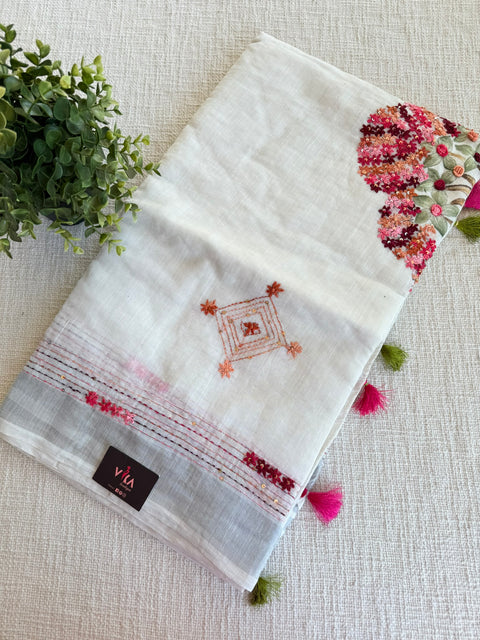 White bhag linen emb saree