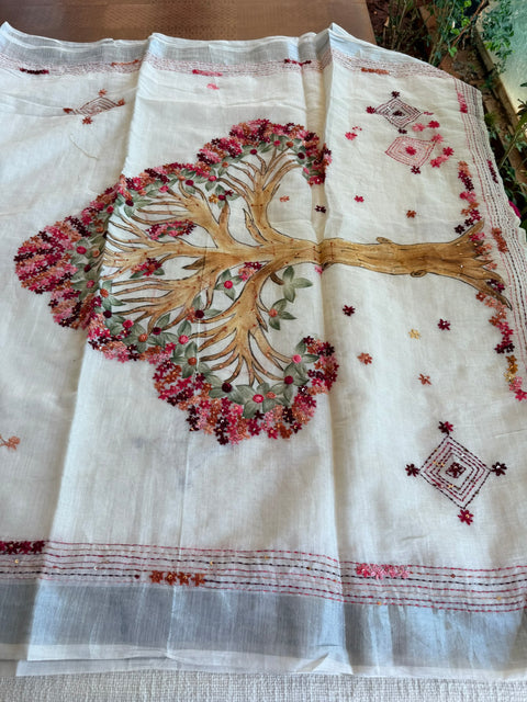 White bhag linen emb saree
