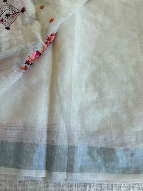 White bhag linen emb saree