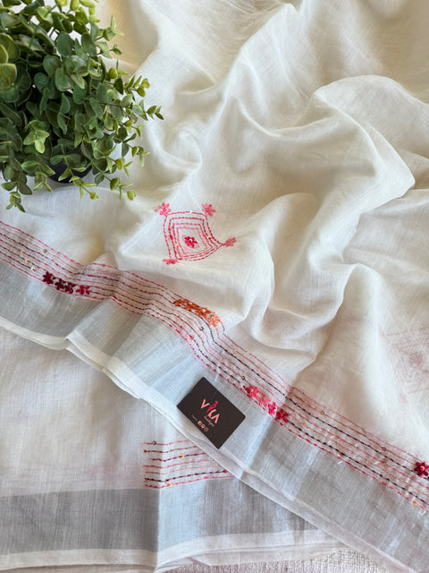 White bhag linen emb saree