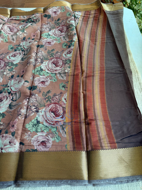 Vintage floral printed zari border saree