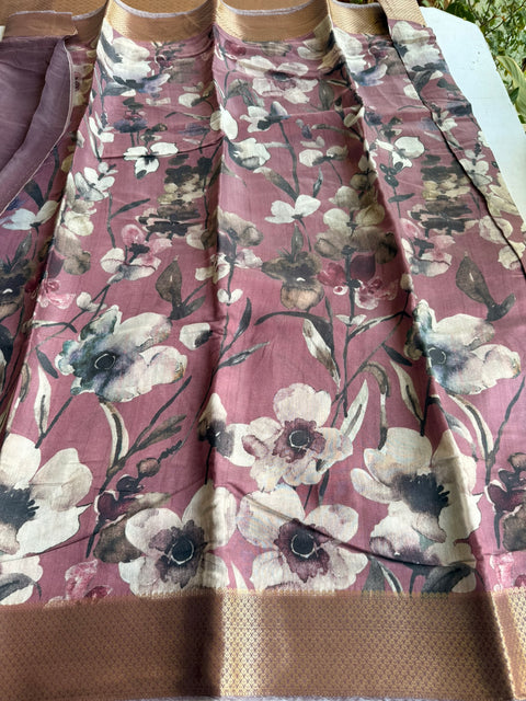 Vintage floral printed zari border saree