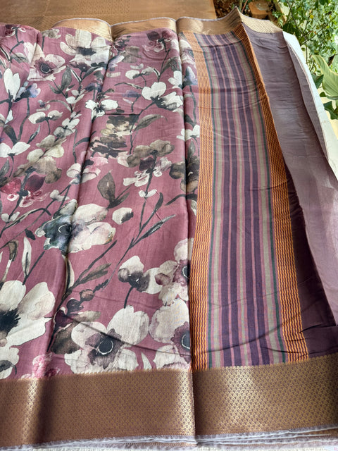 Vintage floral printed zari border saree