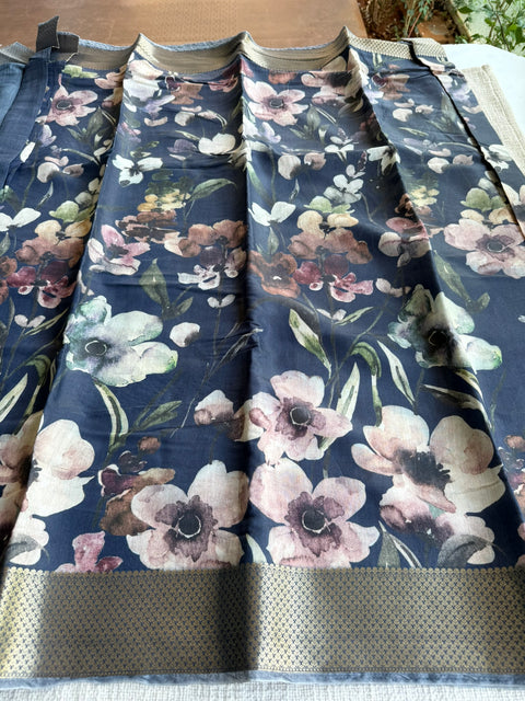 Vintage floral printed zari border saree