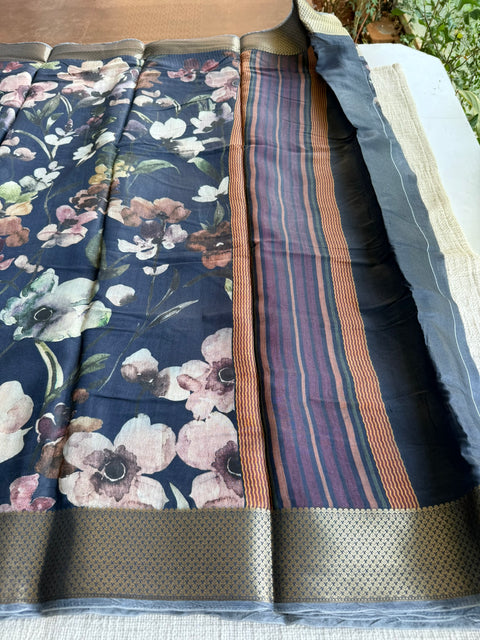 Vintage floral printed zari border saree