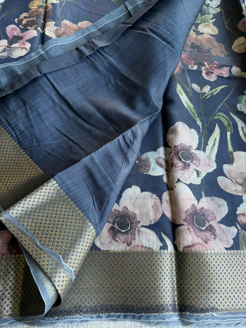 Vintage floral printed zari border saree