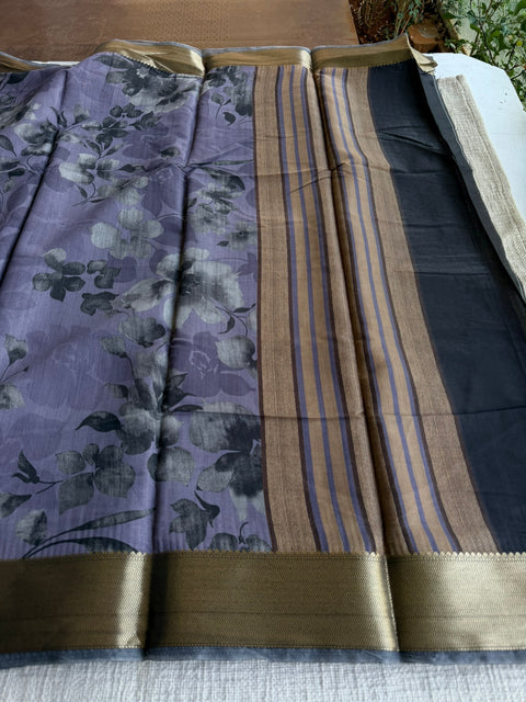 Vintage floral printed zari border saree