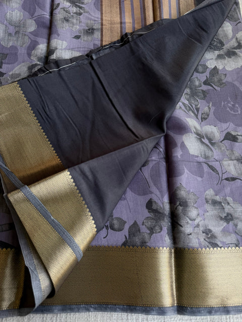 Vintage floral printed zari border saree