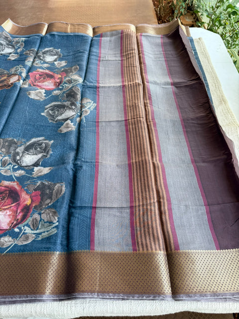 Vintage floral printed zari border saree