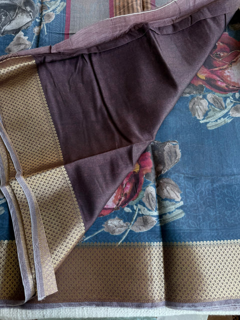 Vintage floral printed zari border saree