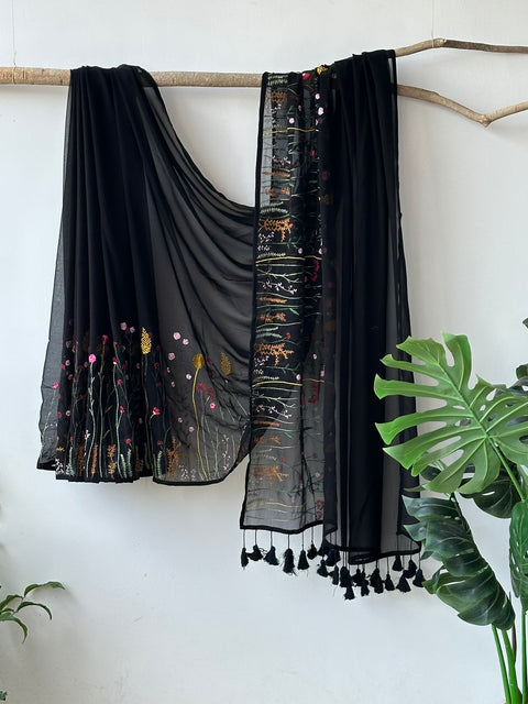 Beautiful black garden emb georgette saree