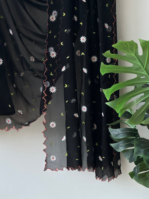 Black floral emb georgette saree