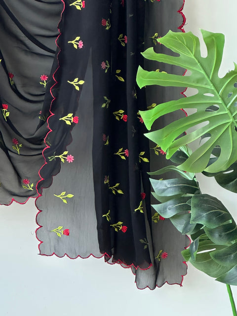 Black Floral emb georgette saree