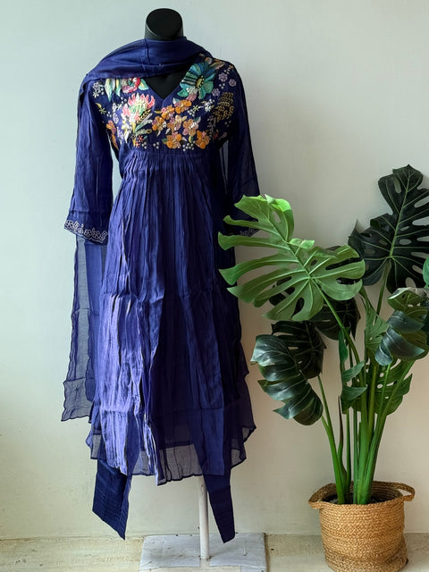 Hand emb mul chanderi Ready suit set - Electric Blue