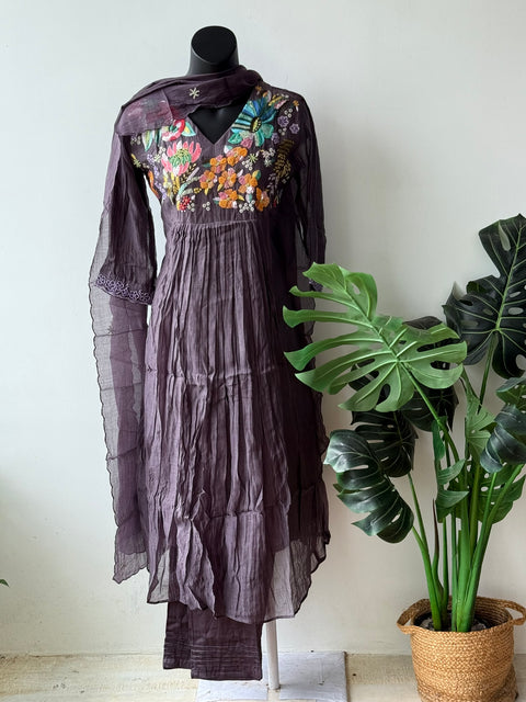 Hand emb mul chanderi Ready suit set - Mauve