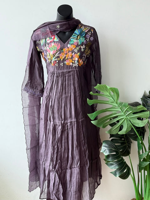 Hand emb mul chanderi Ready suit set - Mauve