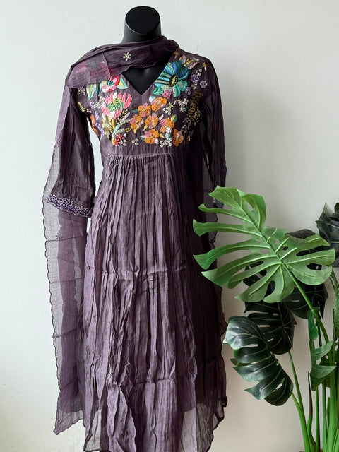Hand emb mul chanderi Ready suit set - Mauve