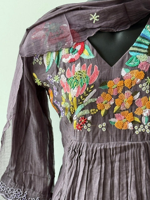 Hand emb mul chanderi Ready suit set - Mauve