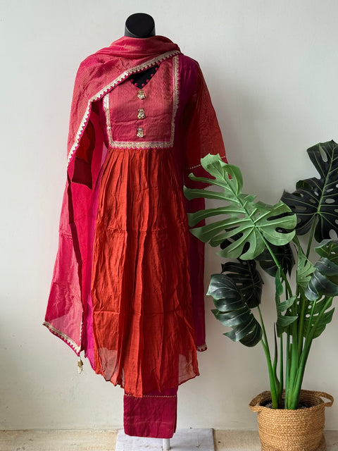 Mul chanderi Ready suit set - Pink orange