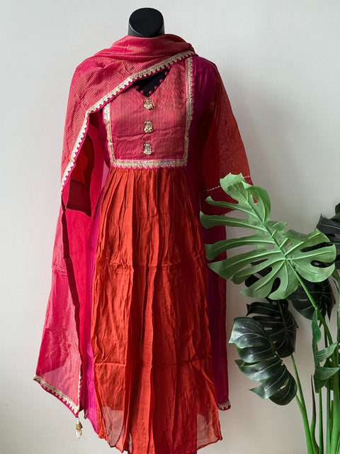 Mul chanderi Ready suit set - Pink orange