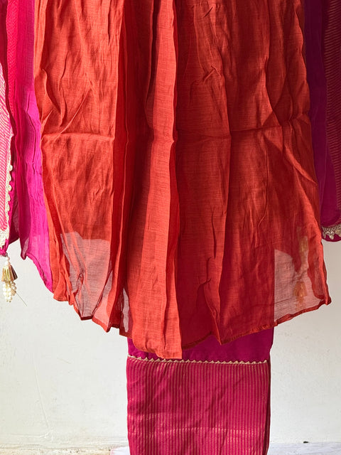 Mul chanderi Ready suit set - Pink orange