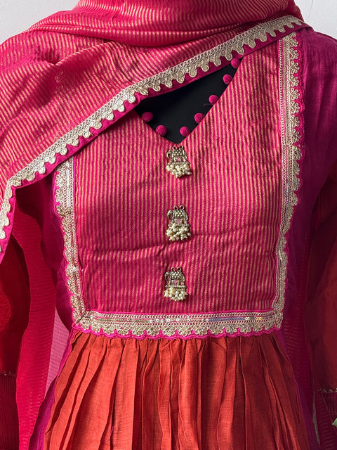 Mul chanderi Ready suit set - Pink orange