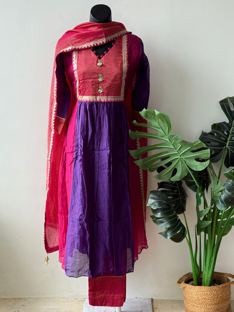 Mul chanderi Ready suit set -Puple Pink
