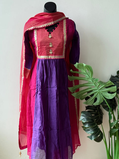 Mul chanderi Ready suit set -Puple Pink