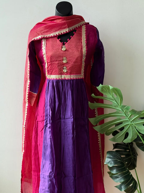 Mul chanderi Ready suit set -Puple Pink