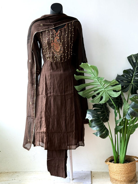 Seq Emb Mul chanderi Ready suit set - Brown