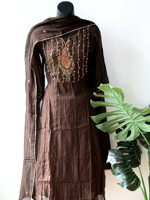 Seq Emb Mul chanderi Ready suit set - Brown