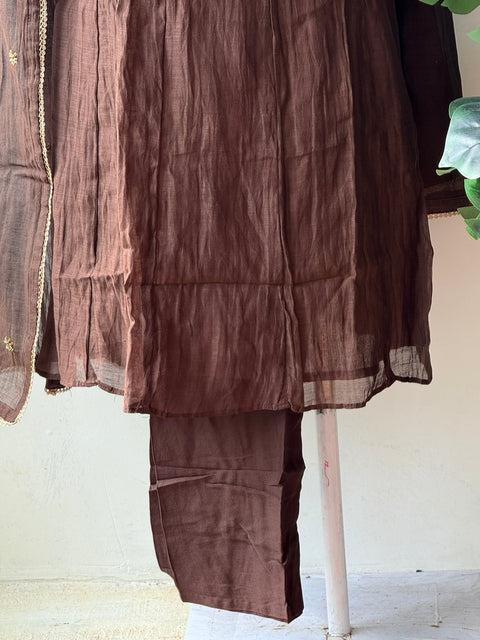 Seq Emb Mul chanderi Ready suit set - Brown