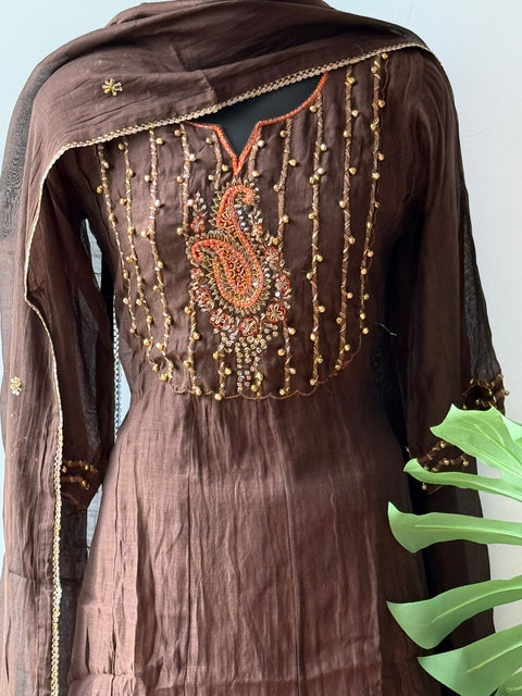 Seq Emb Mul chanderi Ready suit set - Brown