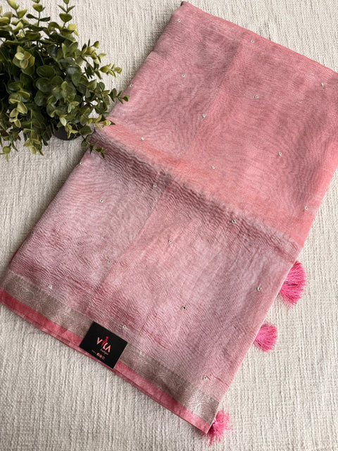 Silver zari weaving tissue saree - Pink