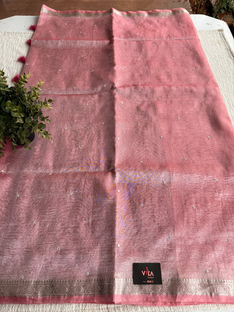 Silver zari weaving tissue saree - Pink