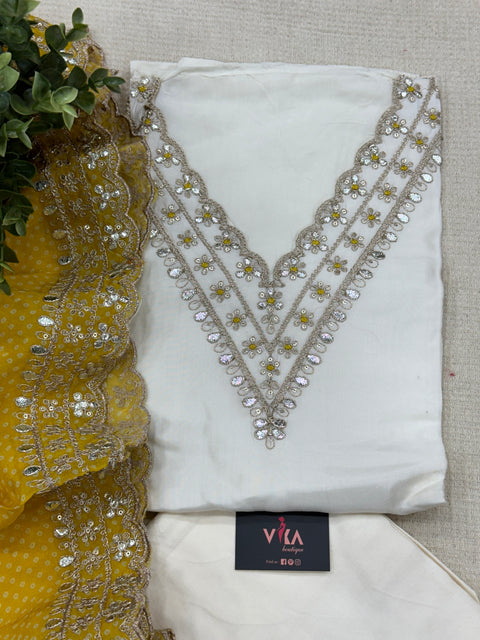 Off white/Yellow Dola silk salwar material