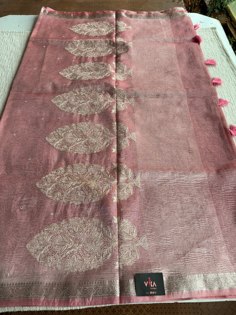 Silver zari weaving tissue saree - Pink