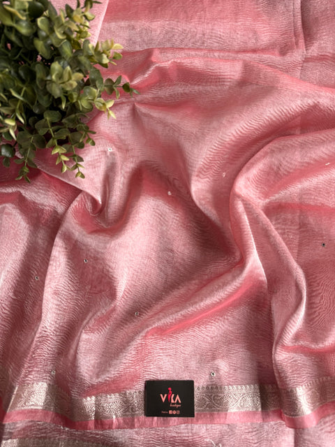 Silver zari weaving tissue saree - Pink