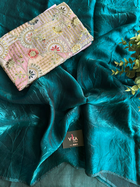 Peacock shiny tissue organza saree
