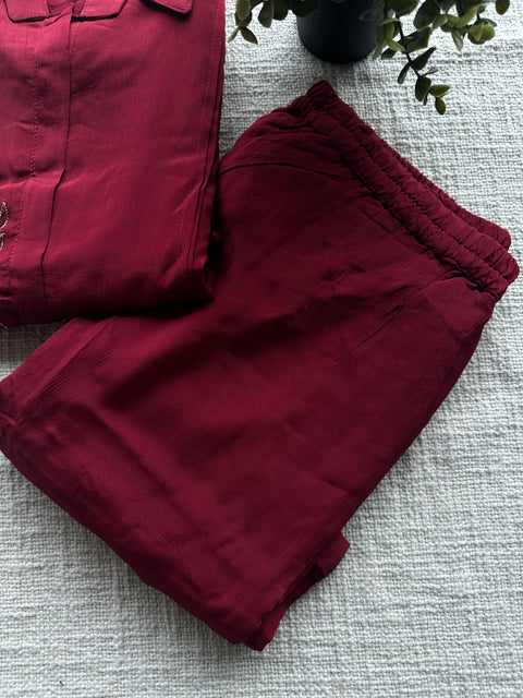 Maroon chinnon embroidery co-ords