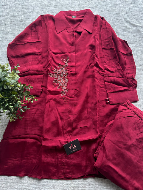 Maroon chinnon embroidery co-ords