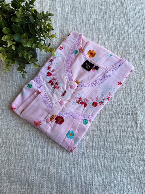 XL size Lt Pink Poly Cotton Embroidery nighty
