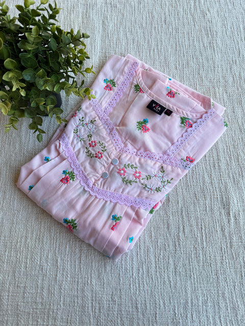 XL size Poly Cotton Embroidery nighty-Lt Pink