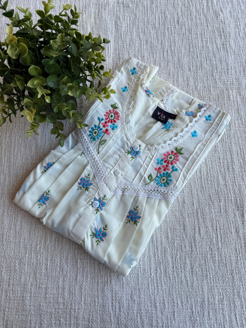XL size Poly Cotton Embroidery nighty-Lt yellow
