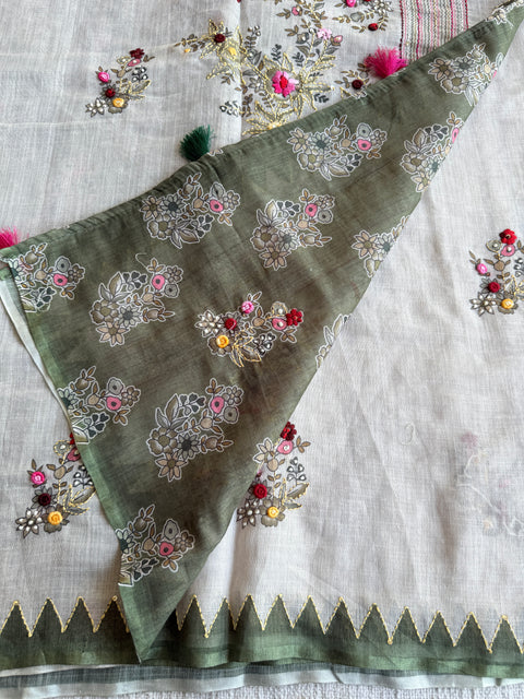Hand emb Linen saree with printed blouse