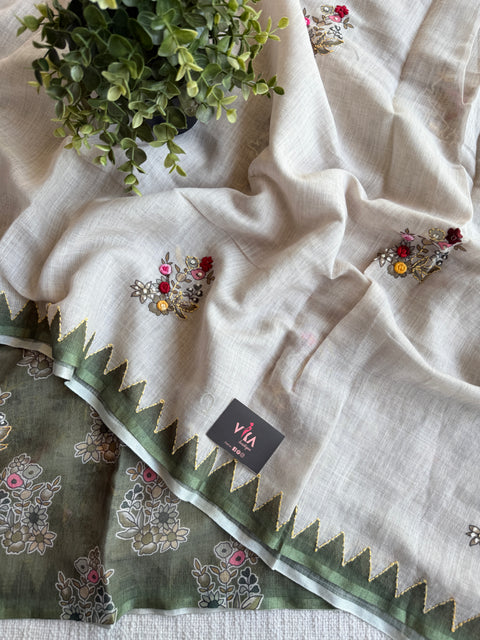 Hand emb Linen saree with printed blouse